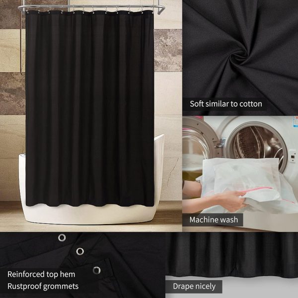 Waterproof Fabric Shower Curtain Soft Hotel Quality - 3 Magnets at Bottom, Premium Black Shower Curtain Liner for Bathroom, Light-Weight Cloth & Washable - 72x72, Black - Image 3