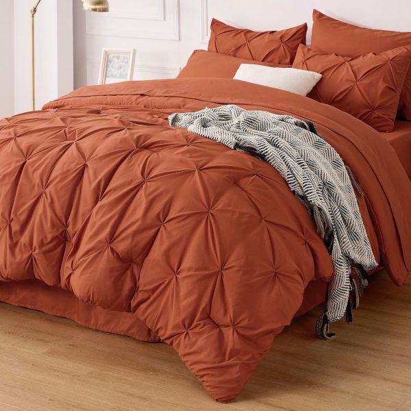 Bedsure Bed in a Bag Queen 7 Pieces - Queen Size Comforter Set, Pintuck Bedding Sets Burnt Orange Bed Set with Comforter, Sheets, Pillowcases & Shams - Image 2