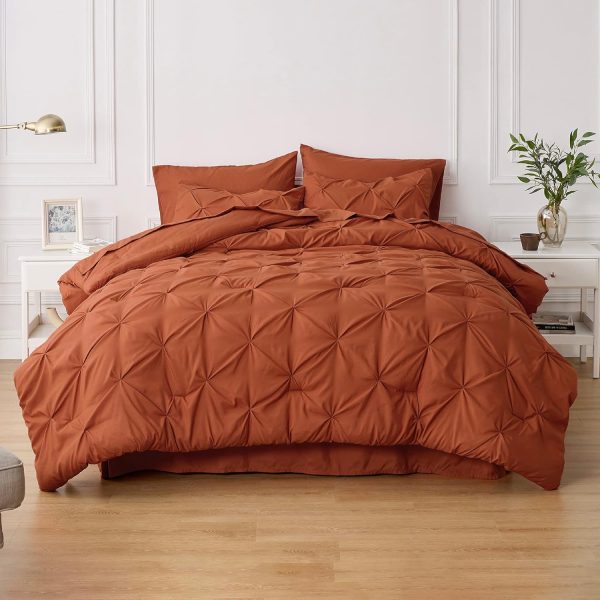 Bedsure Bed in a Bag Queen 7 Pieces - Queen Size Comforter Set, Pintuck Bedding Sets Burnt Orange Bed Set with Comforter, Sheets, Pillowcases & Shams - Image 8
