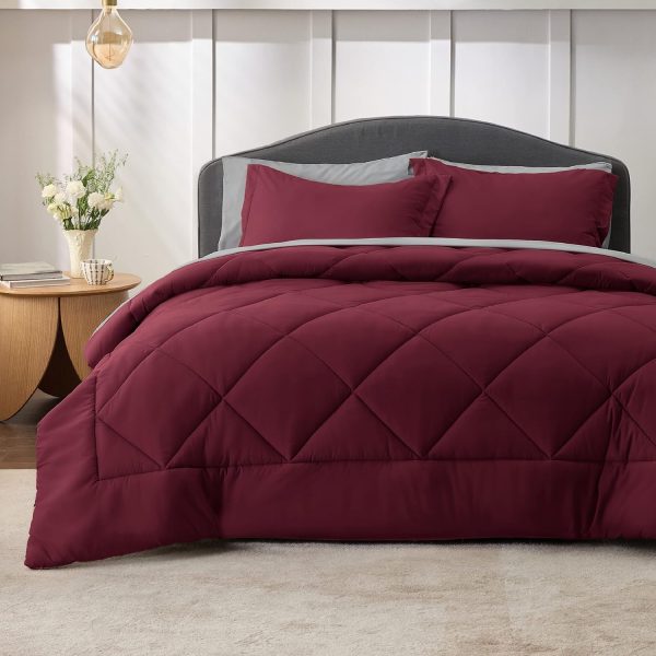 Bedsure Burgundy 7 Piece Reversible Comforter Set - Bed in a Bag with Comforters, Sheets, Pillowcases & Shams - Image 2