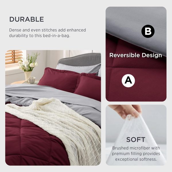 Bedsure Burgundy 7 Piece Reversible Comforter Set - Bed in a Bag with Comforters, Sheets, Pillowcases & Shams - Image 3
