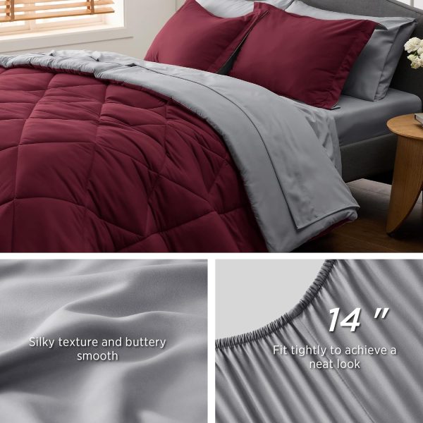 Bedsure Burgundy 7 Piece Reversible Comforter Set - Bed in a Bag with Comforters, Sheets, Pillowcases & Shams - Image 5
