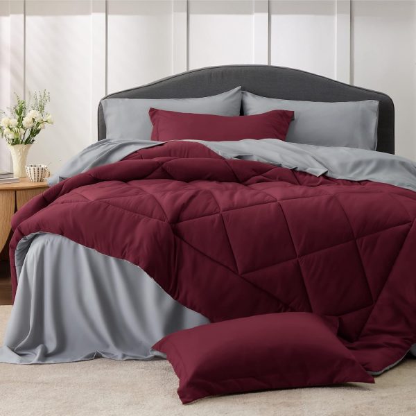 Bedsure Burgundy 7 Piece Reversible Comforter Set - Bed in a Bag with Comforters, Sheets, Pillowcases & Shams - Image 7