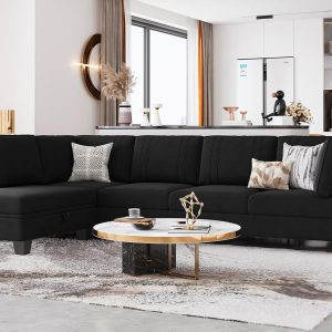 Belffin 4 Seater Sectional Sofa with Reversible Chaise, Velvet L Shaped Sofa Sectional Couch with Convertible Storage Ottoman Black