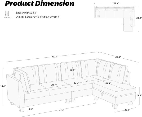 Belffin 4 Seater Sectional Sofa with Reversible Chaise, Velvet L Shaped Sofa Sectional Couch with Convertible Storage Ottoman Black - Image 2