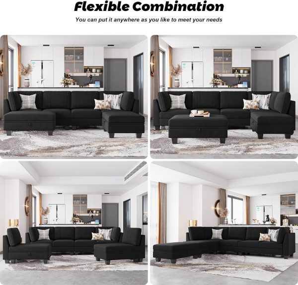 Belffin 4 Seater Sectional Sofa with Reversible Chaise, Velvet L Shaped Sofa Sectional Couch with Convertible Storage Ottoman Black - Image 4