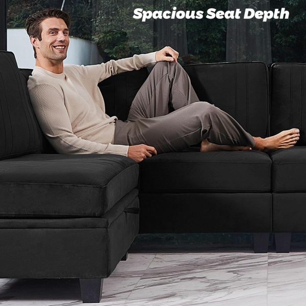 Belffin 4 Seater Sectional Sofa with Reversible Chaise, Velvet L Shaped Sofa Sectional Couch with Convertible Storage Ottoman Black - Image 7