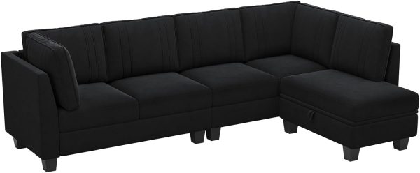 Belffin 4 Seater Sectional Sofa with Reversible Chaise, Velvet L Shaped Sofa Sectional Couch with Convertible Storage Ottoman Black - Image 8