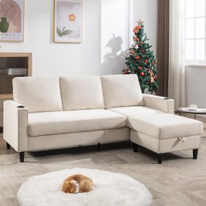 Convertible Sectional Couches for Living Room, L-Shaped Couch 3 Seats Sofas with Storage Chaise & 2 Cup Holders, Small Sofa for Apartment, Compact Spaces, Beige