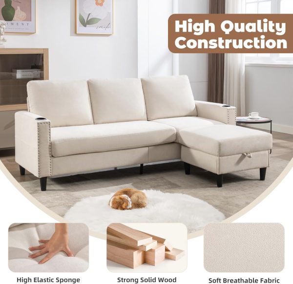 Convertible Sectional Couches for Living Room, L-Shaped Couch 3 Seats Sofas with Storage Chaise & 2 Cup Holders, Small Sofa for Apartment, Compact Spaces, Beige - Image 2