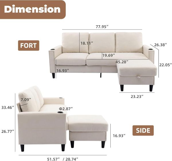 Convertible Sectional Couches for Living Room, L-Shaped Couch 3 Seats Sofas with Storage Chaise & 2 Cup Holders, Small Sofa for Apartment, Compact Spaces, Beige - Image 5