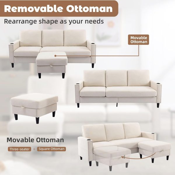 Convertible Sectional Couches for Living Room, L-Shaped Couch 3 Seats Sofas with Storage Chaise & 2 Cup Holders, Small Sofa for Apartment, Compact Spaces, Beige - Image 6