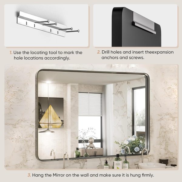 DUMOS Black Metal Framed Vanity Rounded Rectangle Bathroom Mirrors for Over Sink Wall, 30x22 Inch Matte Large Mirror, Modern Decorative for Restroom, Farmhouse, Horizontally or Vertically Hanging - Image 5
