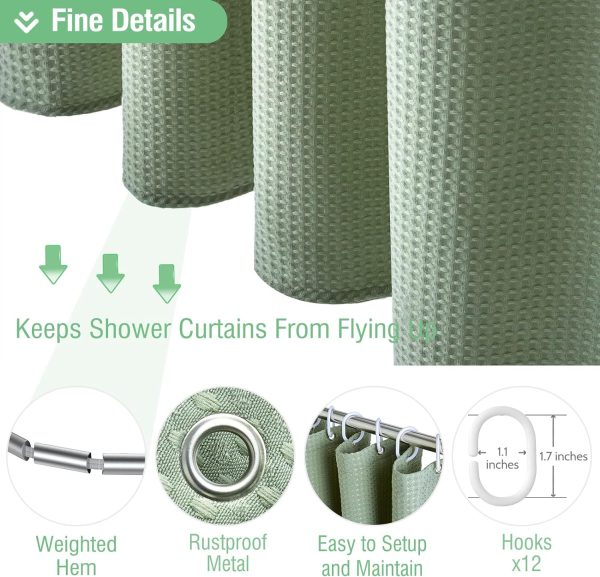 Sage Green Shower Curtain - Waffle Textured Heavy Duty Thick Fabric Shower Curtains for Bathroom, 256GSM Luxury Weighted Polyester Cloth Bath Curtain Set with 12 Plastic Hooks，72Wx72H,Green - Image 5
