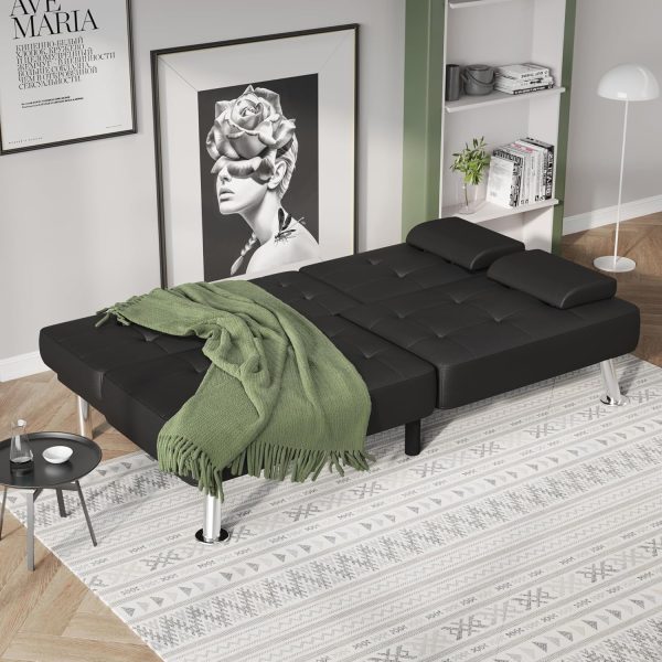 Flamaker Futon Sofa Bed Modern Folding Futon Set Convertible Recliner Lounge for Living Room with 2 Cup Holders, Removable Armrests (PU Leather, Black) - Image 3