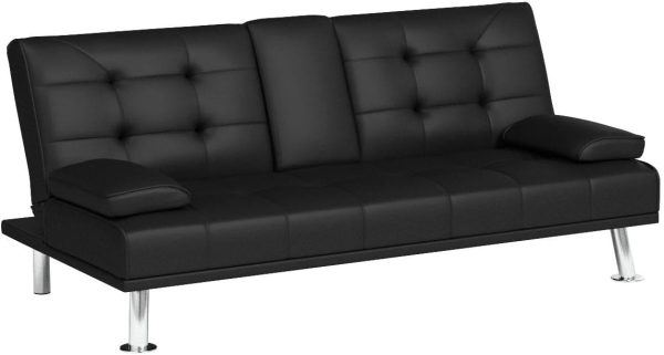 Flamaker Futon Sofa Bed Modern Folding Futon Set Convertible Recliner Lounge for Living Room with 2 Cup Holders, Removable Armrests (PU Leather, Black) - Image 4