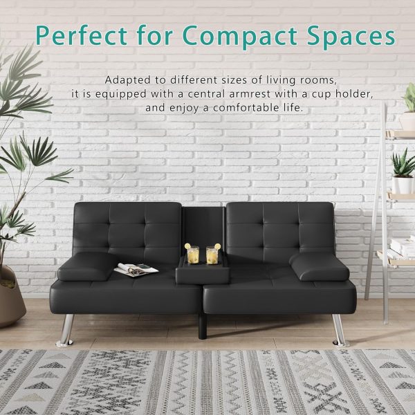 Flamaker Futon Sofa Bed Modern Folding Futon Set Convertible Recliner Lounge for Living Room with 2 Cup Holders, Removable Armrests (PU Leather, Black) - Image 5