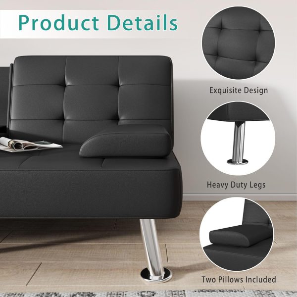Flamaker Futon Sofa Bed Modern Folding Futon Set Convertible Recliner Lounge for Living Room with 2 Cup Holders, Removable Armrests (PU Leather, Black) - Image 7