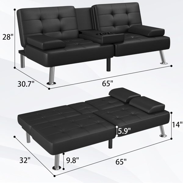 Flamaker Futon Sofa Bed Modern Folding Futon Set Convertible Recliner Lounge for Living Room with 2 Cup Holders, Removable Armrests (PU Leather, Black) - Image 8