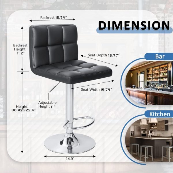 Homall Bar Stools Modern PU Leather Adjustable Swivel Barstools, Armless Hydraulic Kitchen Counter Bar Stool Extra Height Square Island Barstool with Back Set of 2 (Leather, Black) - Image 7