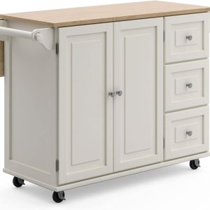 Homestyles Mobile Kitchen Island Cart with Wood Drop Leaf Breakfast Bar, Off White,Soft White, 54 Inch Width