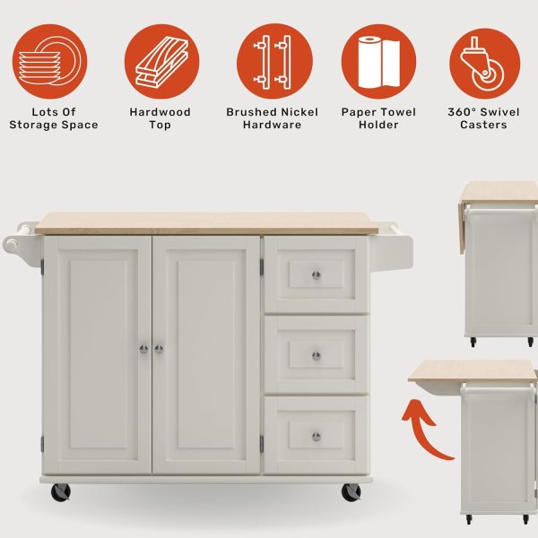 Homestyles Mobile Kitchen Island Cart with Wood Drop Leaf Breakfast Bar, Off White,Soft White, 54 Inch Width - Image 2
