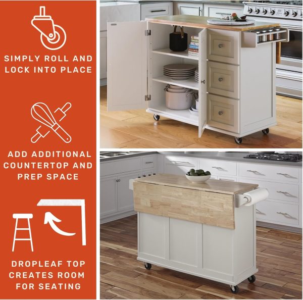 Homestyles Mobile Kitchen Island Cart with Wood Drop Leaf Breakfast Bar, Off White,Soft White, 54 Inch Width - Image 3