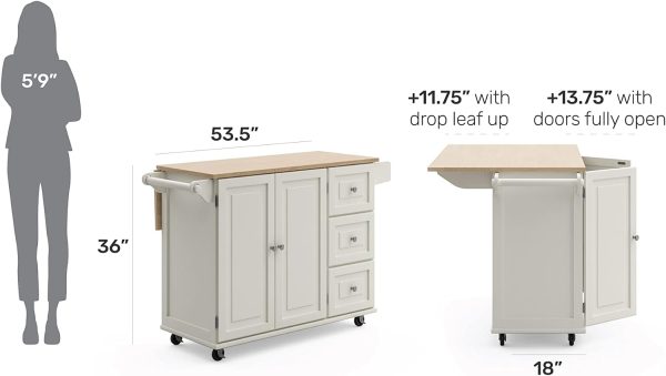 Homestyles Mobile Kitchen Island Cart with Wood Drop Leaf Breakfast Bar, Off White,Soft White, 54 Inch Width - Image 5