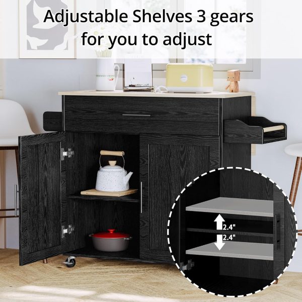 IRONCK Kitchen Island with Storage, Rolling Kitchen Island on Wheels with Drop Leaf, Charging Station, 3 Open Spice Rack, Cabinet, Drawer, Kitchen Cart Island Table for Kitchen, Black - Image 3