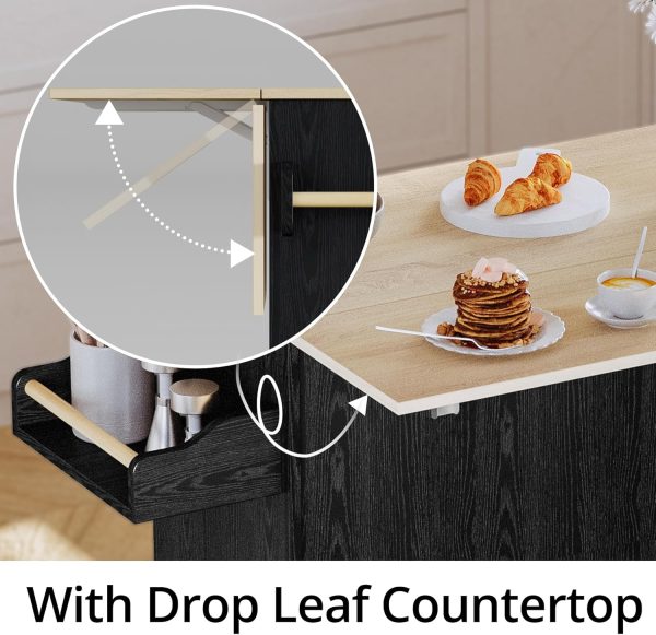 IRONCK Kitchen Island with Storage, Rolling Kitchen Island on Wheels with Drop Leaf, Charging Station, 3 Open Spice Rack, Cabinet, Drawer, Kitchen Cart Island Table for Kitchen, Black - Image 5
