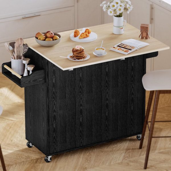 IRONCK Kitchen Island with Storage, Rolling Kitchen Island on Wheels with Drop Leaf, Charging Station, 3 Open Spice Rack, Cabinet, Drawer, Kitchen Cart Island Table for Kitchen, Black - Image 6