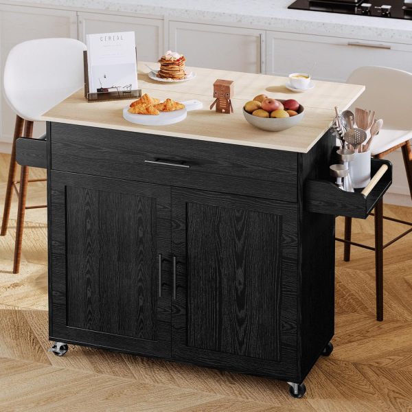 IRONCK Kitchen Island with Storage, Rolling Kitchen Island on Wheels with Drop Leaf, Charging Station, 3 Open Spice Rack, Cabinet, Drawer, Kitchen Cart Island Table for Kitchen, Black - Image 7