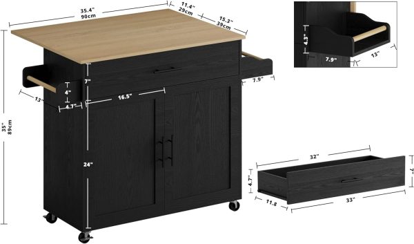 IRONCK Kitchen Island with Storage, Rolling Kitchen Island on Wheels with Drop Leaf, Charging Station, 3 Open Spice Rack, Cabinet, Drawer, Kitchen Cart Island Table for Kitchen, Black - Image 8