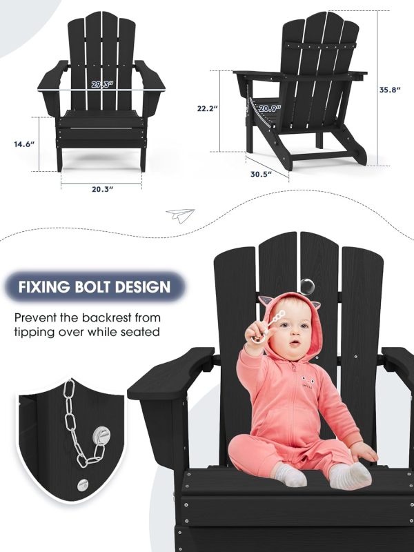 KINGYES Folding Adirondack Chair, HDPE All-Weather Folding Adirondack Chairs, Outdoor Patio Adirondack Chair for Deck Lawn fire Pit, Black - Image 3