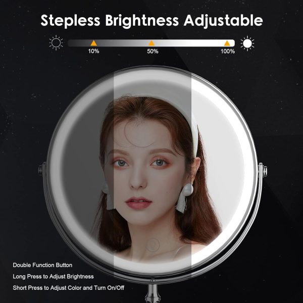Lighted Makeup Mirror, 8" Rechargeable Double Sided Magnifying Mirror with 3 Colors, 1x/10x 360° Rotation Touch Screen Vanity Mirror, Brightness Adjustable Magnification Cosmetic Light up Mirror - Image 3