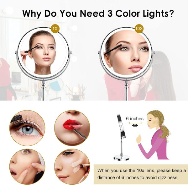 Lighted Makeup Mirror, 8" Rechargeable Double Sided Magnifying Mirror with 3 Colors, 1x/10x 360° Rotation Touch Screen Vanity Mirror, Brightness Adjustable Magnification Cosmetic Light up Mirror - Image 4