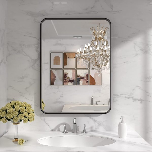 LOAAO Black Metal Framed Bathroom Mirror for Wall, 22X30 Inch Rounded Rectangle Mirror, Matte Black Bathroom Vanity Mirror Farmhouse, Anti-Rust, Tempered Glass, Hangs Horizontally or Vertically - Image 3