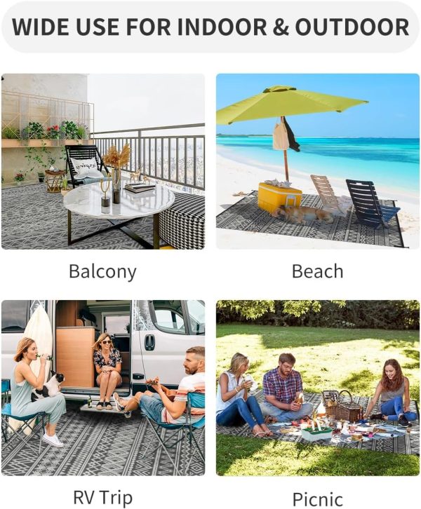 MontVoo-Outdoor Rug Carpet Waterproof 5x8 ft Reversible Patio Rug RV Camping Rug-Plastic Straw Rug Outside Indoor Outdoor Area Rug for Patio Deck Balcony Picnic Beach Outdoor Decor Boho Grey - Image 2