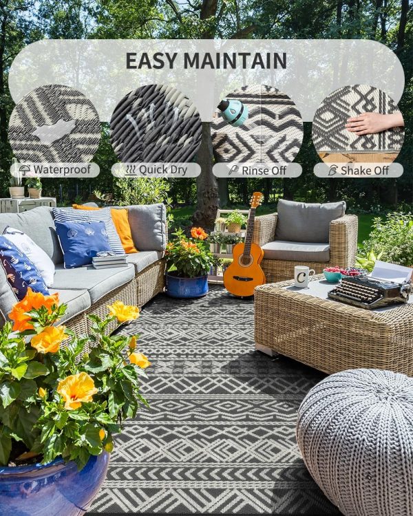 MontVoo-Outdoor Rug Carpet Waterproof 5x8 ft Reversible Patio Rug RV Camping Rug-Plastic Straw Rug Outside Indoor Outdoor Area Rug for Patio Deck Balcony Picnic Beach Outdoor Decor Boho Grey - Image 3