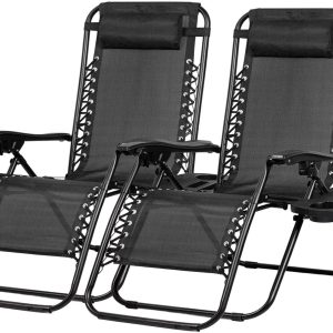 Nazhura Set of 2 Relaxing Recliners Patio Chairs Adjustable Steel Mesh Zero Gravity Lounge Chair Beach Chairs with Pillow and Cup Holder Black