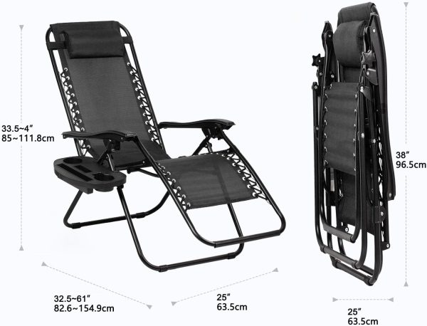 Nazhura Set of 2 Relaxing Recliners Patio Chairs Adjustable Steel Mesh Zero Gravity Lounge Chair Beach Chairs with Pillow and Cup Holder Black - Image 2