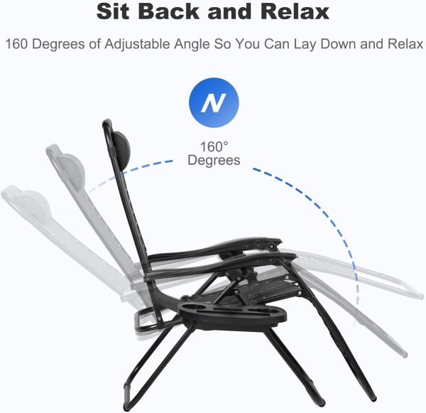 Nazhura Set of 2 Relaxing Recliners Patio Chairs Adjustable Steel Mesh Zero Gravity Lounge Chair Beach Chairs with Pillow and Cup Holder Black - Image 3