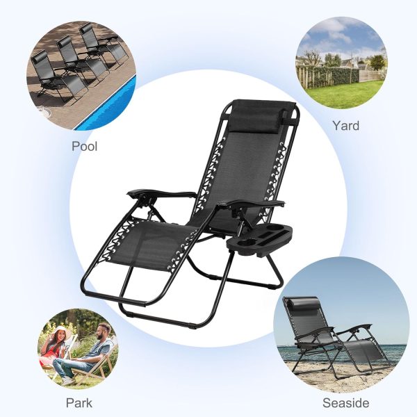 Nazhura Set of 2 Relaxing Recliners Patio Chairs Adjustable Steel Mesh Zero Gravity Lounge Chair Beach Chairs with Pillow and Cup Holder Black - Image 7