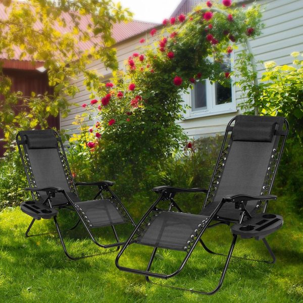 Nazhura Set of 2 Relaxing Recliners Patio Chairs Adjustable Steel Mesh Zero Gravity Lounge Chair Beach Chairs with Pillow and Cup Holder Black - Image 9
