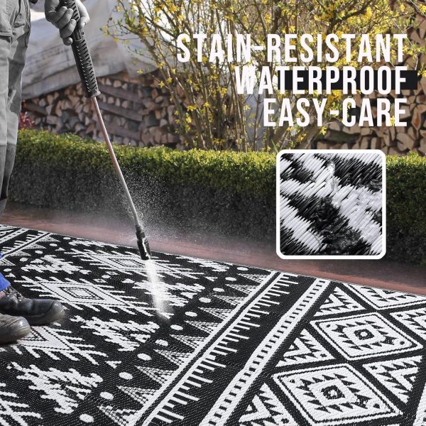 OLANLY Outdoor Rug Waterproof 5x8 ft, Reversible Outdoor Plastic Straw Rug, Boho Patio Rug, Indoor Outdoor Carpet, RV Mat Outside for Patio, Camp, Picnic, Balcony, Deck, Backyard, Black & White - Image 2