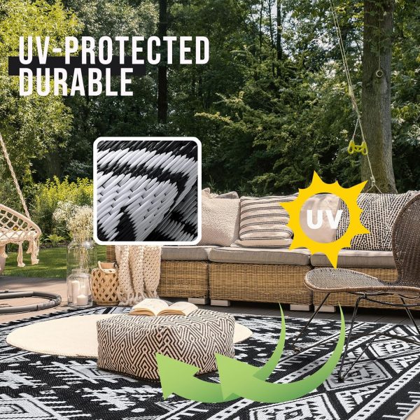 OLANLY Outdoor Rug Waterproof 5x8 ft, Reversible Outdoor Plastic Straw Rug, Boho Patio Rug, Indoor Outdoor Carpet, RV Mat Outside for Patio, Camp, Picnic, Balcony, Deck, Backyard, Black & White - Image 3