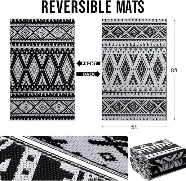 OLANLY Outdoor Rug Waterproof 5x8 ft, Reversible Outdoor Plastic Straw Rug, Boho Patio Rug, Indoor Outdoor Carpet, RV Mat Outside for Patio, Camp, Picnic, Balcony, Deck, Backyard, Black & White - Image 7