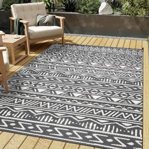 Outdoor Plastic Straw Rug Boho Waterproof Indoor Grey Outdoor Patio Rug 6x9 Carpet Geometric Reversible Mat Gray Washable Large Outside Area Rug for Camping RV Porch Deck Balcony Beach