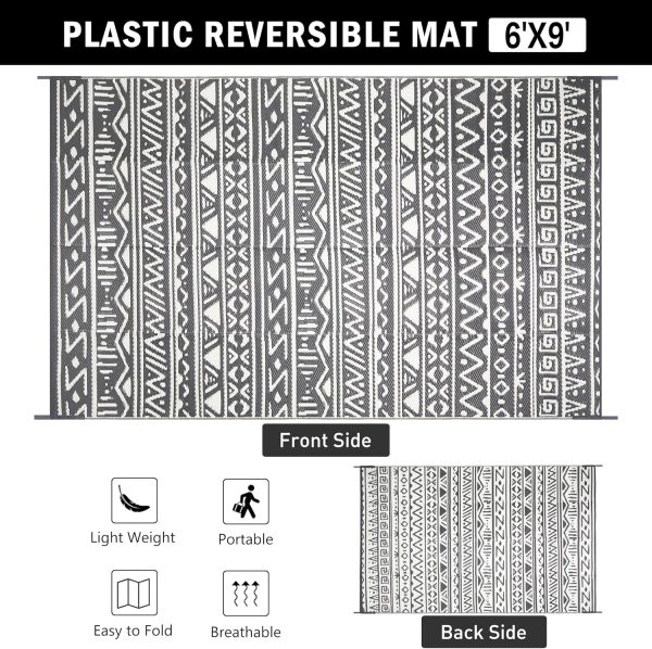 Outdoor Plastic Straw Rug Boho Waterproof Indoor Grey Outdoor Patio Rug 6x9 Carpet Geometric Reversible Mat Gray Washable Large Outside Area Rug for Camping RV Porch Deck Balcony Beach - Image 2
