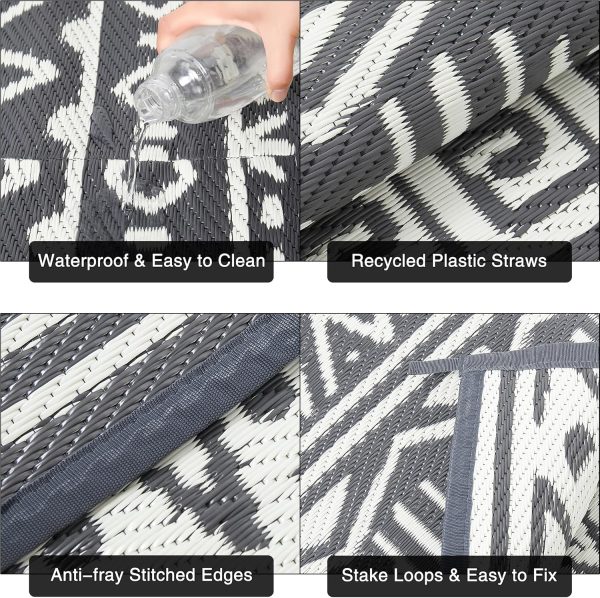 Outdoor Plastic Straw Rug Boho Waterproof Indoor Grey Outdoor Patio Rug 6x9 Carpet Geometric Reversible Mat Gray Washable Large Outside Area Rug for Camping RV Porch Deck Balcony Beach - Image 3